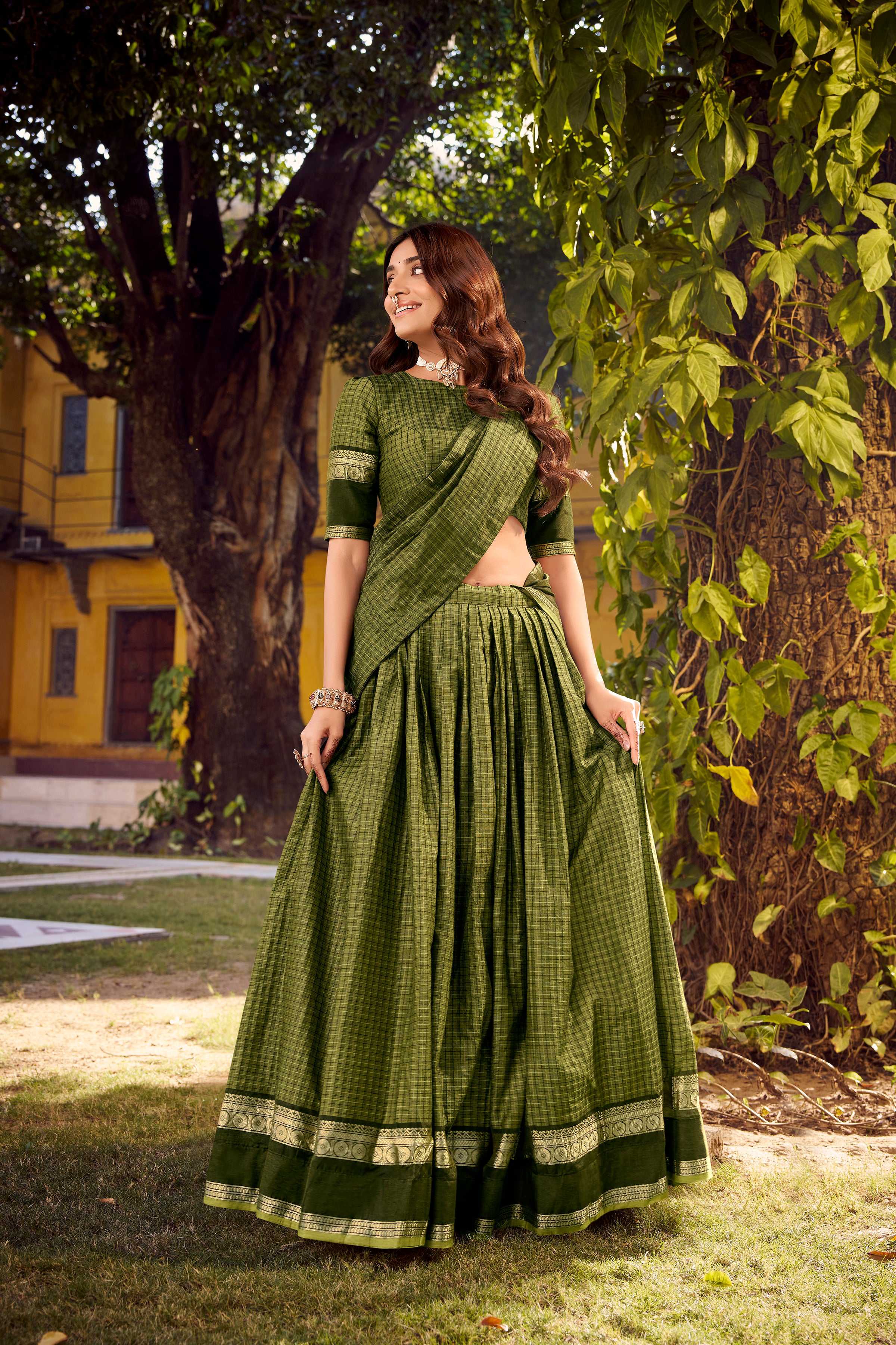 Evanik Mehendi Cotton With Chex Zari Weaving Lehenga Choli | Grocsy