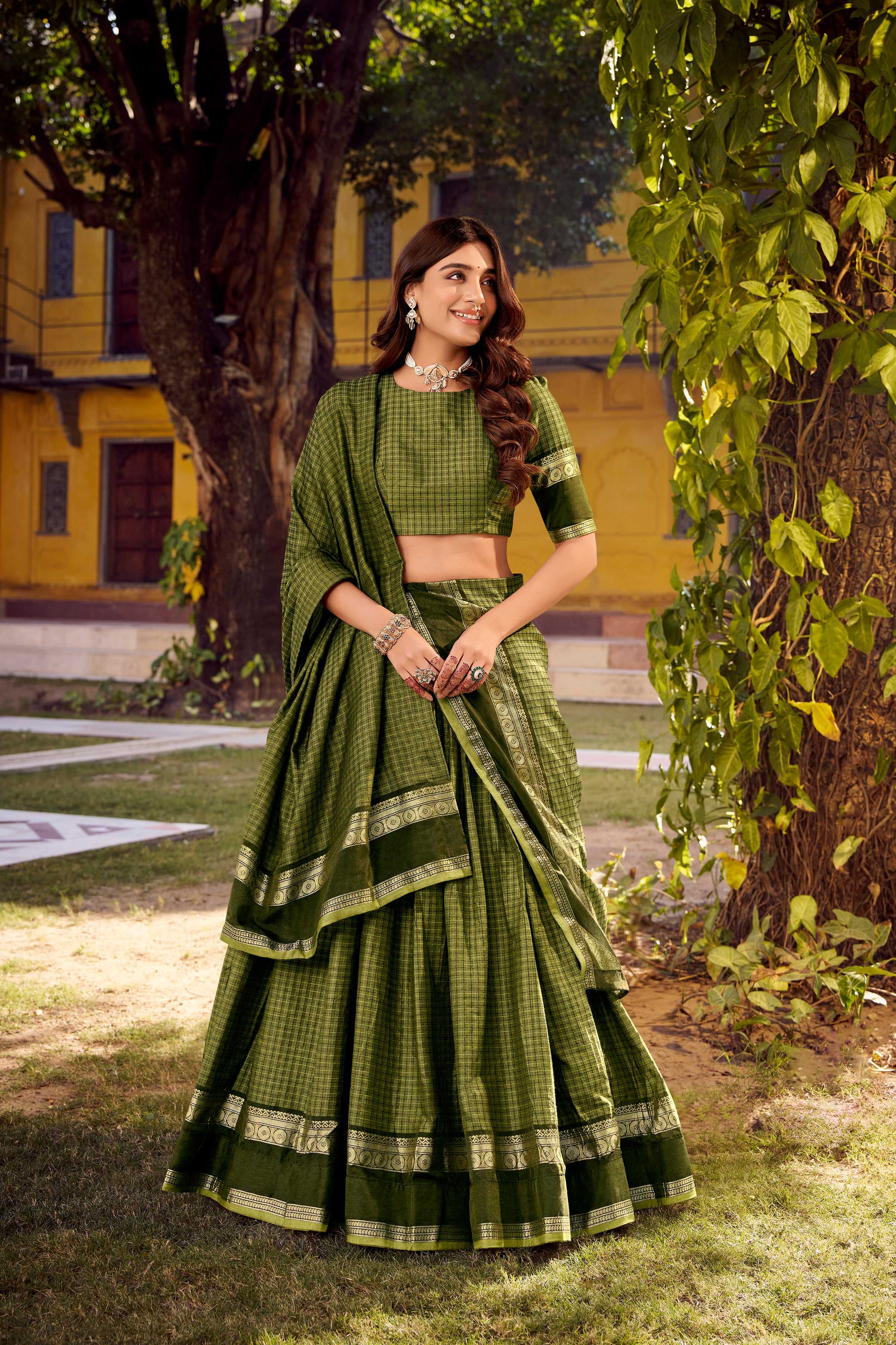Evanik Mehendi Cotton With Chex Zari Weaving Lehenga Choli | Grocsy