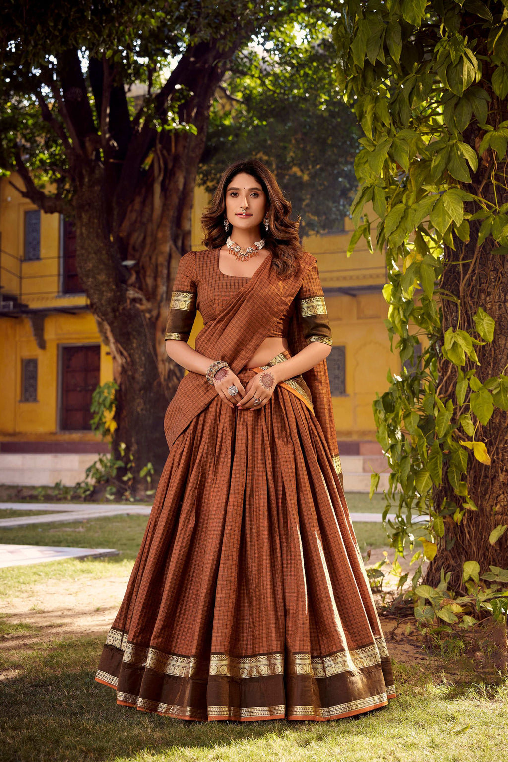 Evanik Orange Cotton With Chex Zari Weaving Lehenga Choli | Grocsy