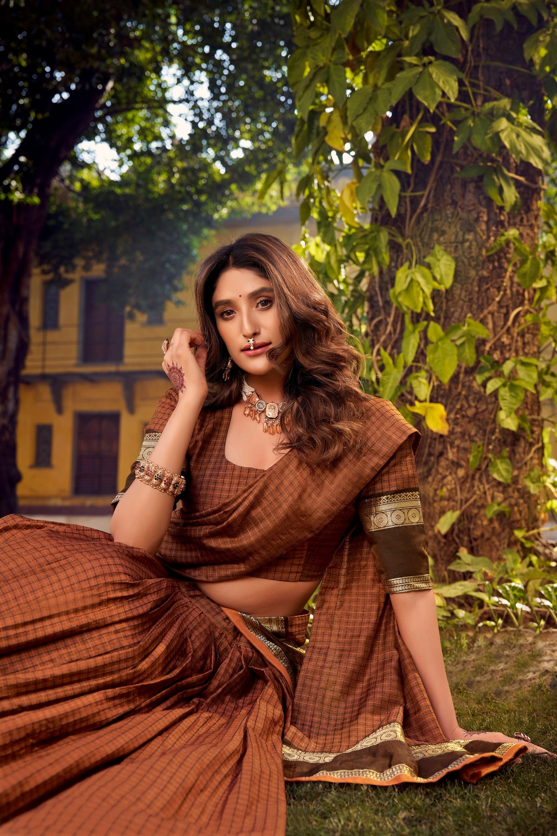 Lorenvalley Fashion Brown Chettinad Cotton Chex with Zari Weaving Work Lehenga Choli with Dupatta | Grocsy
