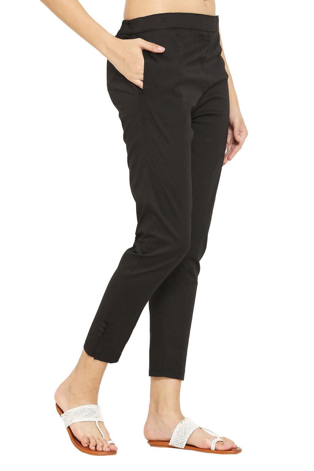 PAVONINE Black Color Stretchable Cotton Lycra Fabric Pencil Pant For Women | Grocsy