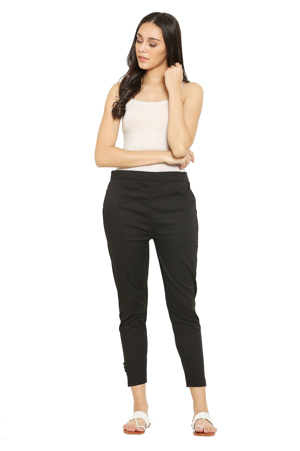 PAVONINE Black Color Stretchable Cotton Lycra Fabric Pencil Pant For Women | Grocsy