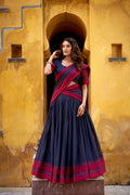 Lorenvalley Fashion Navy Blue Pure Chanderi Thread Work Lehenga Choli with Dupatta | Grocsy