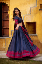Lorenvalley Fashion Navy Blue Pure Chanderi Thread Work Lehenga Choli with Dupatta | Grocsy