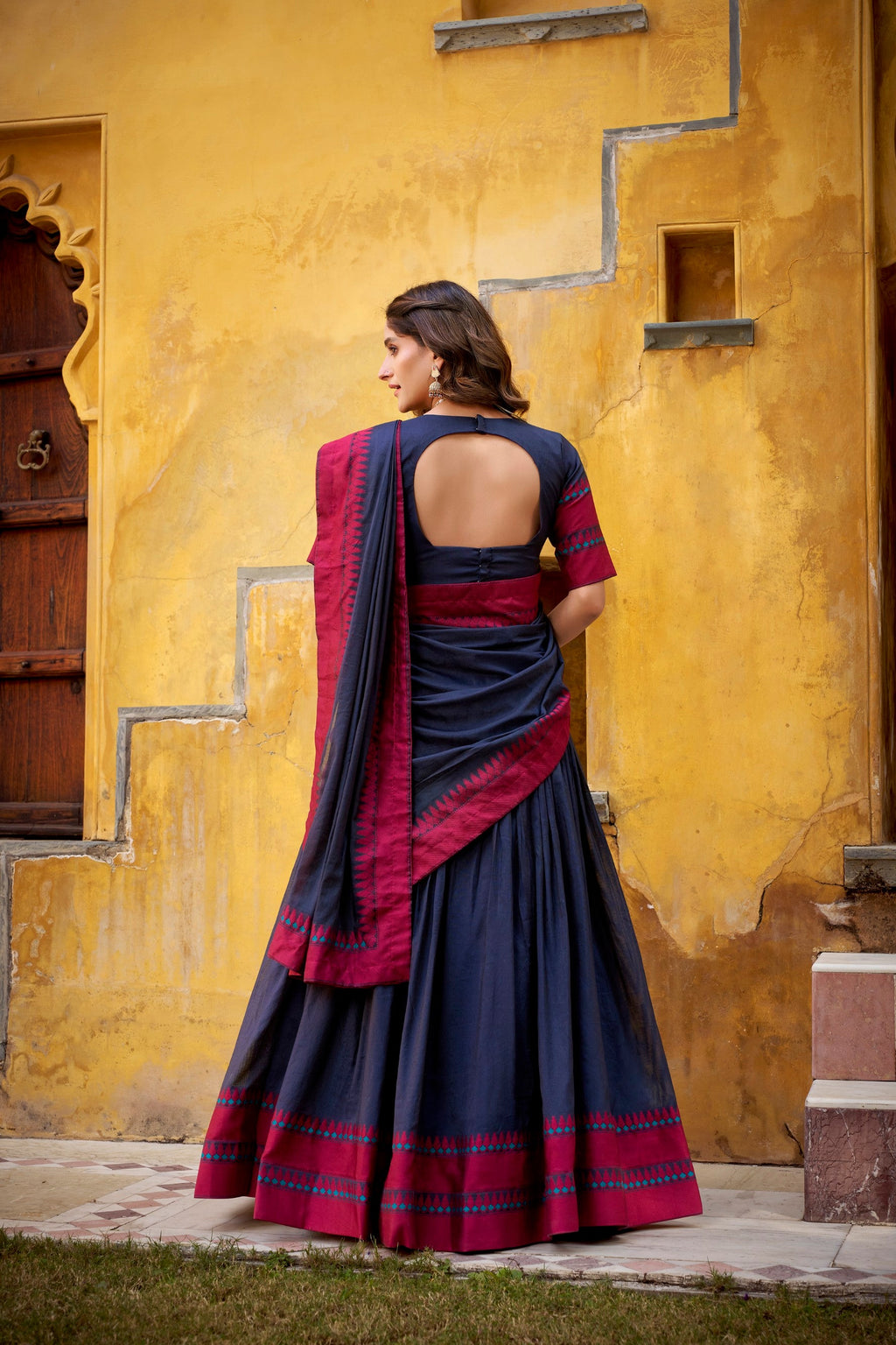Lorenvalley Fashion Navy Blue Pure Chanderi Thread Work Lehenga Choli with Dupatta | Grocsy