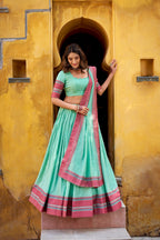 Lorenvalley Fashion Skyblue Pure Chanderi Thread Work Lehenga Choli with Dupatta | Grocsy