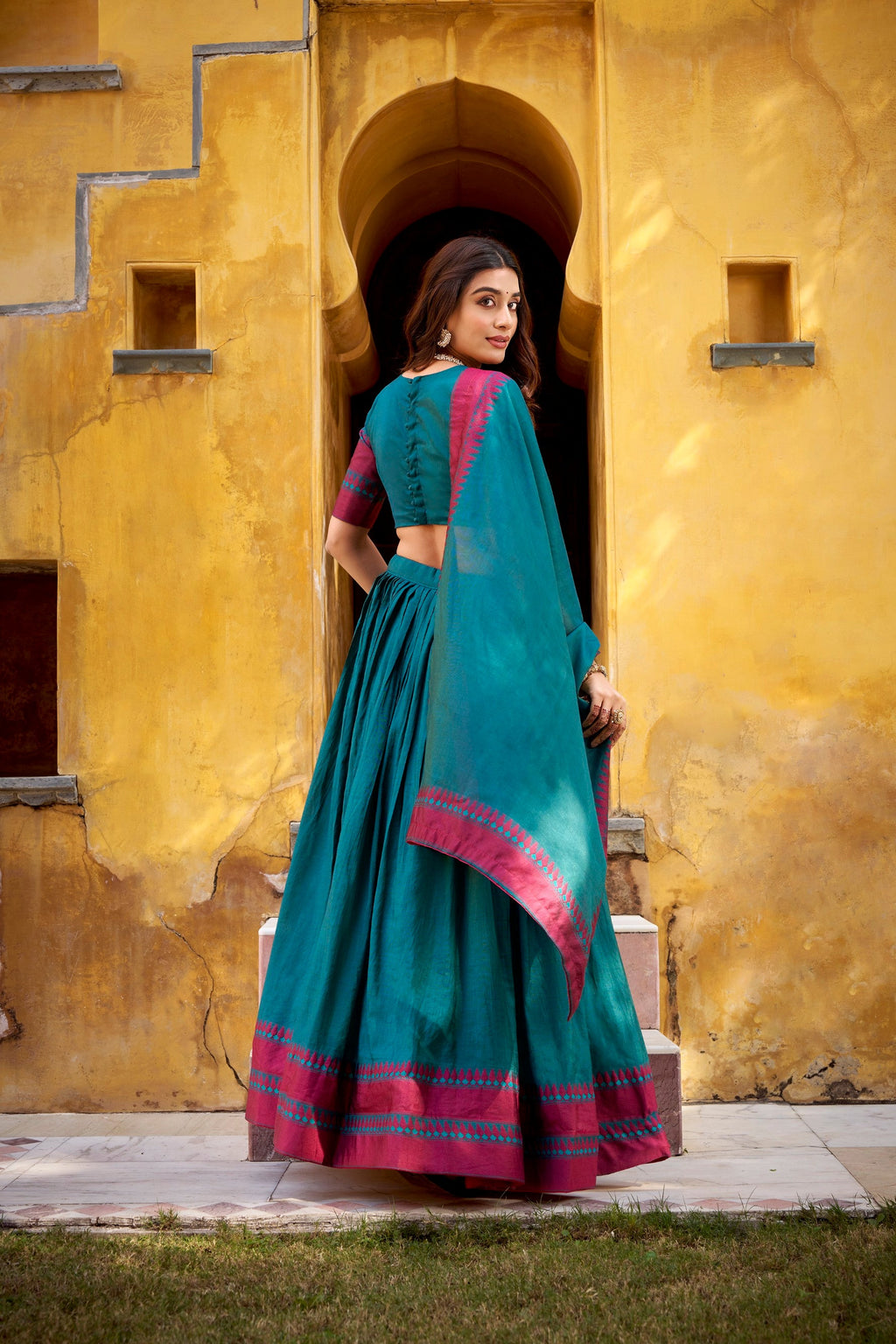 Lorenvalley Fashion Teal Pure Chanderi Thread Work Lehenga Choli with Dupatta | Grocsy