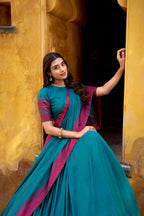 Lorenvalley Fashion Teal Pure Chanderi Thread Work Lehenga Choli with Dupatta | Grocsy