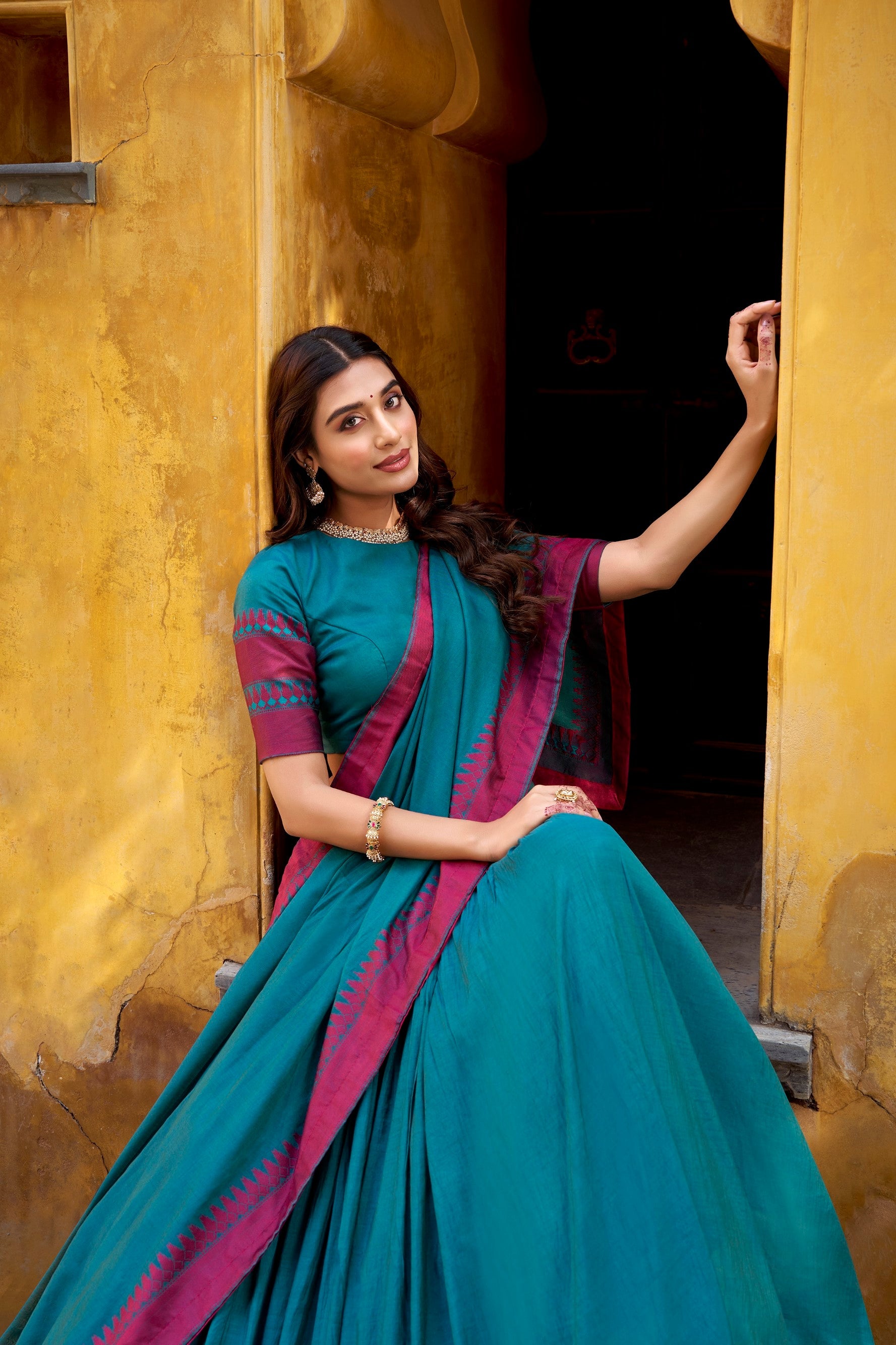 Lorenvalley Fashion Teal Pure Chanderi Thread Work Lehenga Choli with Dupatta | Grocsy
