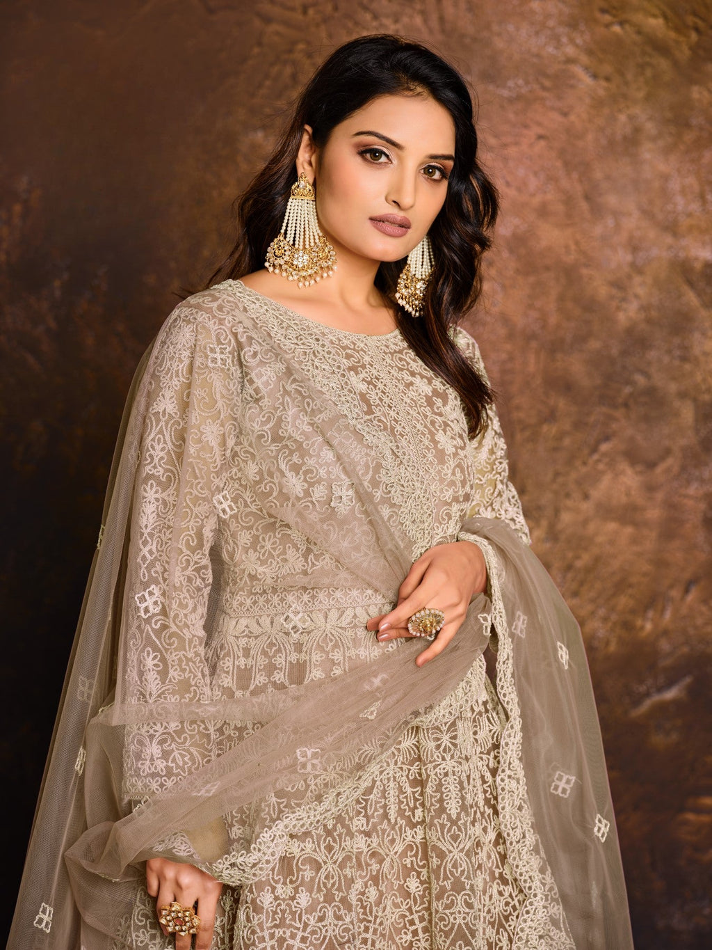 Anaita Mehendi Embroidered Net Anarkali Suit | Grocsy