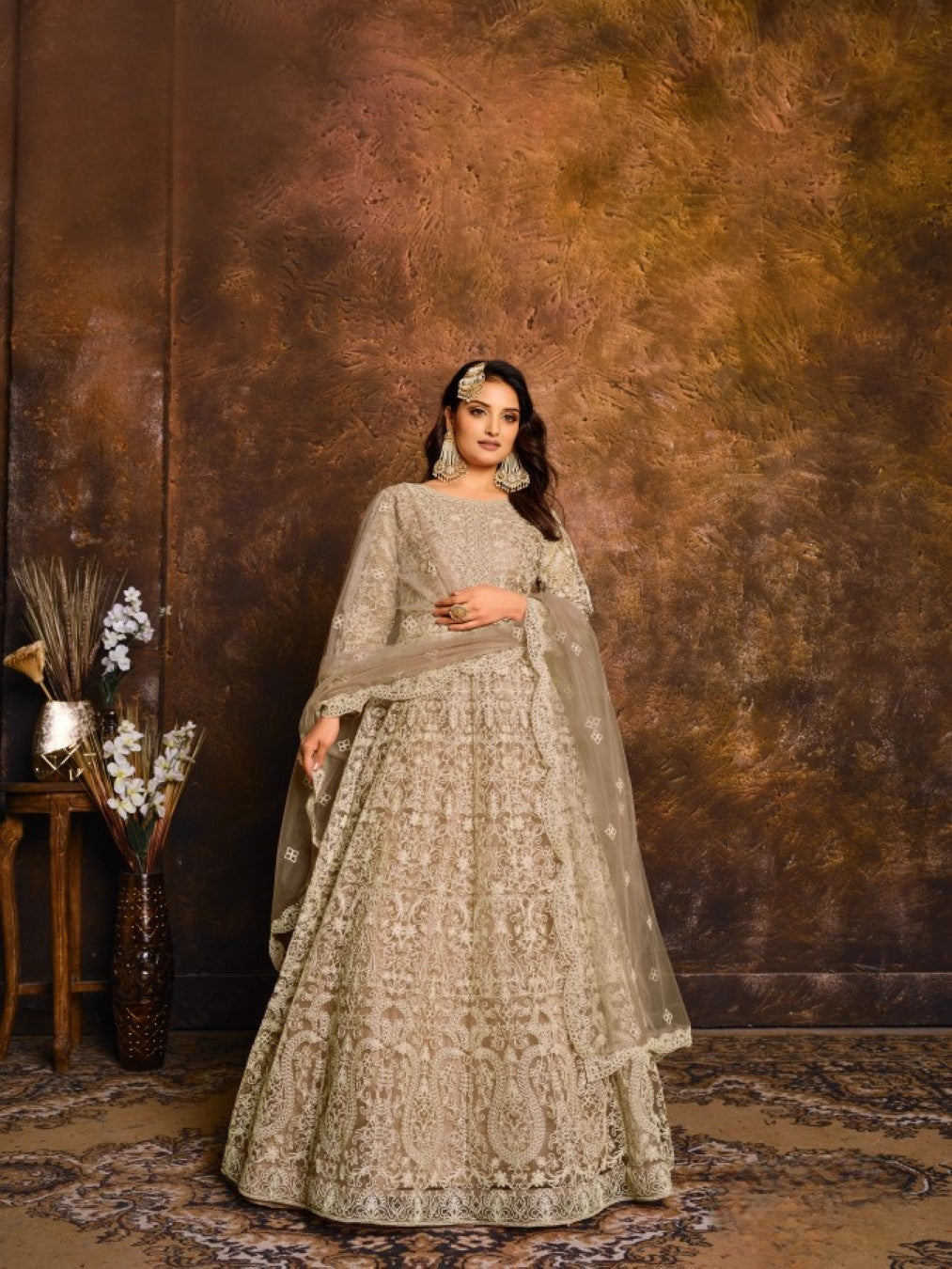 Anaita Mehendi Embroidered Net Anarkali Suit | Grocsy