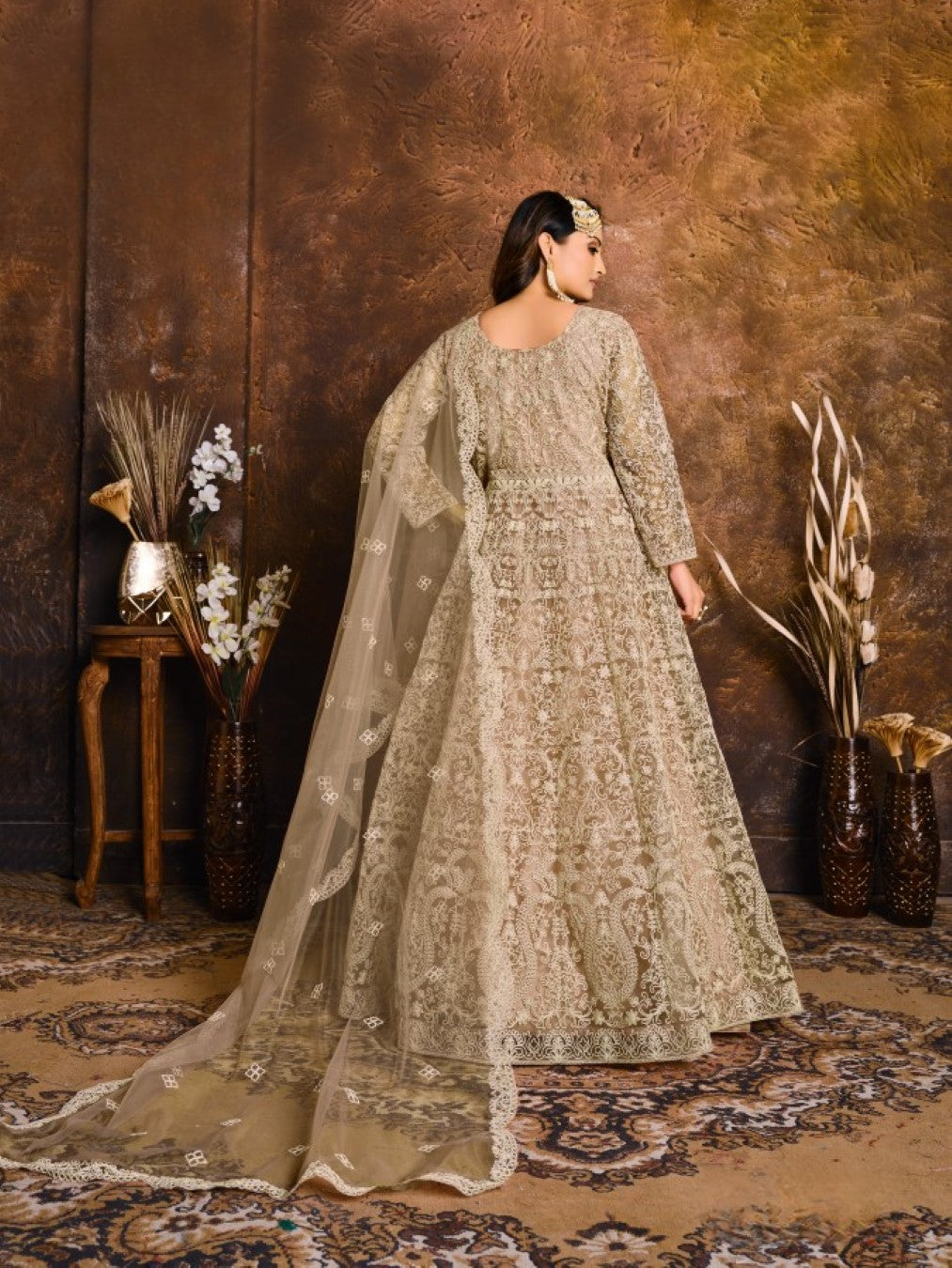 Anaita Mehendi Embroidered Net Anarkali Suit | Grocsy