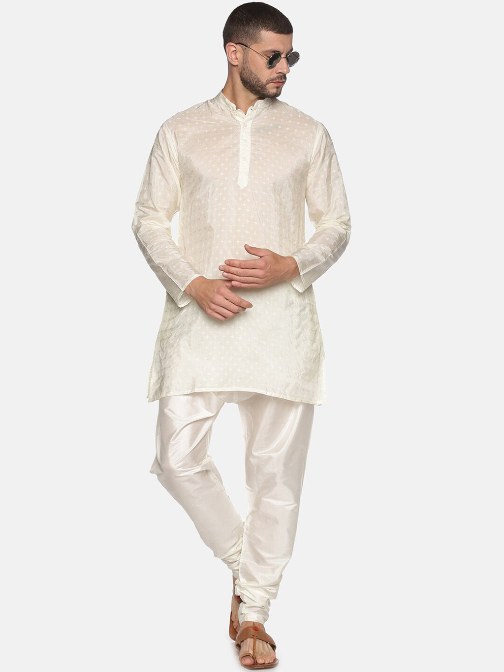 Sethukrishna Men Cream-Coloured Woven Design Kurta with Churidar | Grocsy