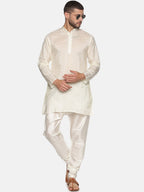 Sethukrishna Men Cream-Coloured Woven Design Kurta with Churidar | Grocsy