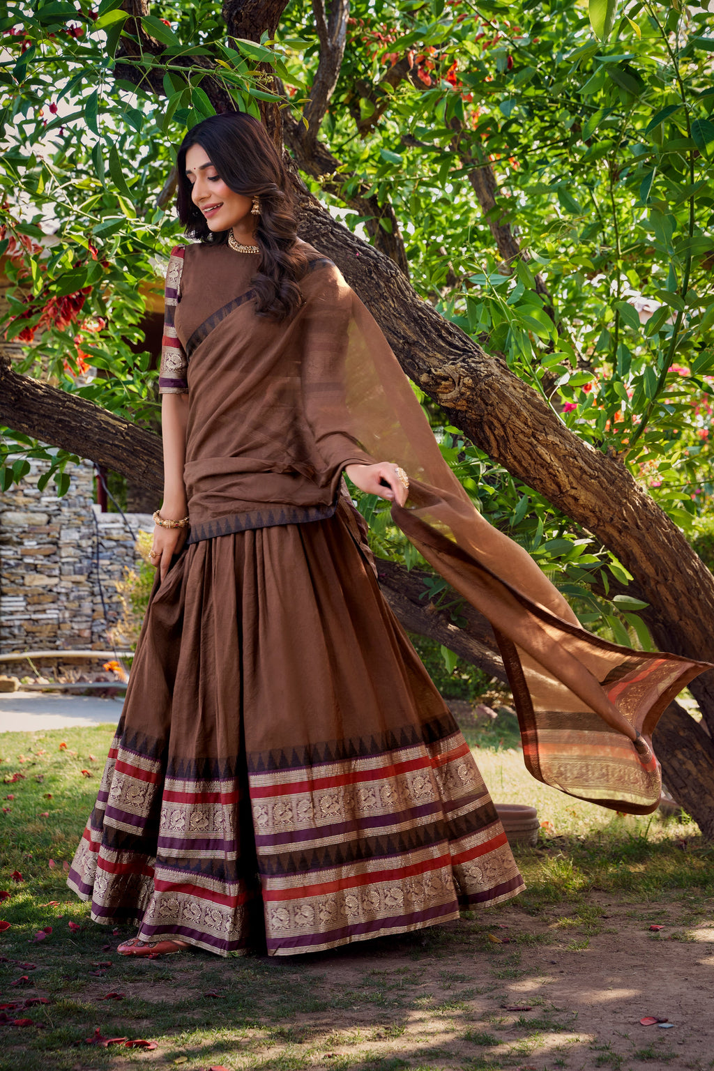 Lorenvalley Brown Pure Chanderi Plain With Zari Weaving Work Border Lehenga Choli with Dupatta | Grocsy