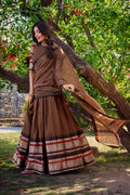 Lorenvalley Brown Pure Chanderi Plain With Zari Weaving Work Border Lehenga Choli with Dupatta | Grocsy