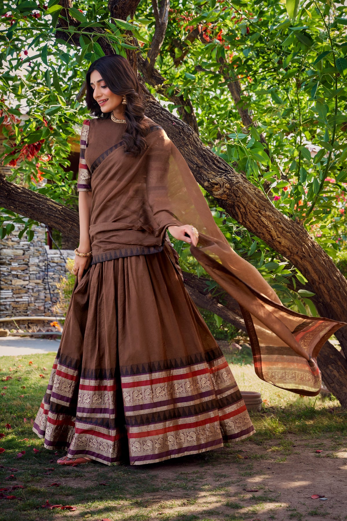 Lorenvalley Brown Pure Chanderi Plain With Zari Weaving Work Border Lehenga Choli with Dupatta | Grocsy