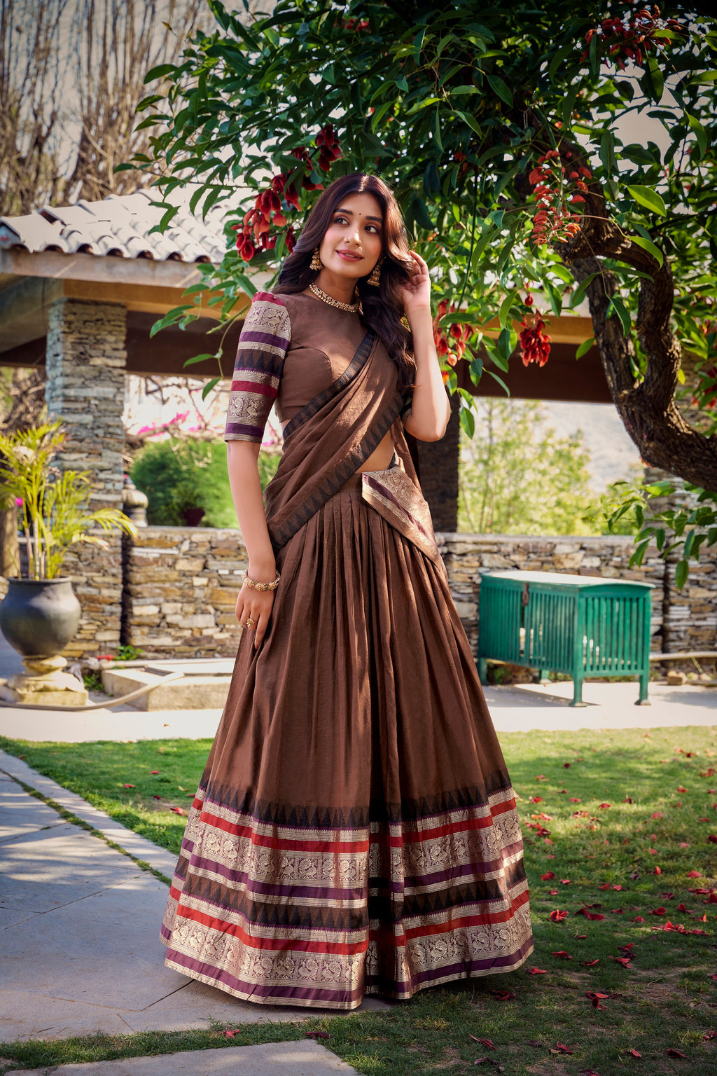 Lorenvalley Brown Pure Chanderi Plain With Zari Weaving Work Border Lehenga Choli with Dupatta | Grocsy