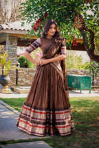 Lorenvalley Brown Pure Chanderi Plain With Zari Weaving Work Border Lehenga Choli with Dupatta | Grocsy