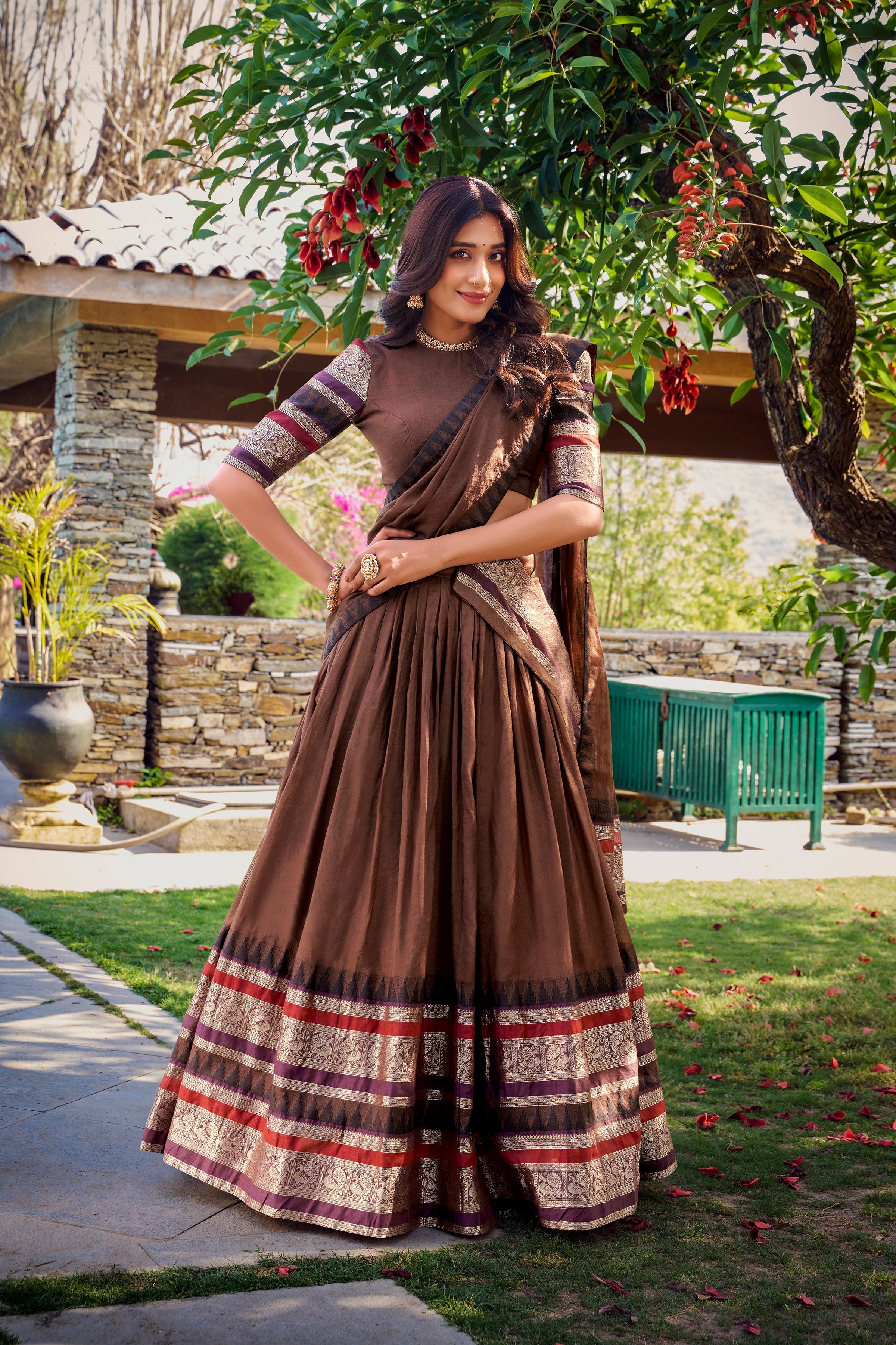Lorenvalley Brown Pure Chanderi Plain With Zari Weaving Work Border Lehenga Choli with Dupatta | Grocsy