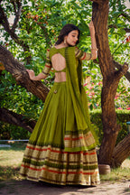 Lorenvalley Mehendi Pure Chanderi Plain With Zari Weaving Work Border Lehenga Choli with Dupatta | Grocsy