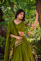 Lorenvalley Mehendi Pure Chanderi Plain With Zari Weaving Work Border Lehenga Choli with Dupatta | Grocsy