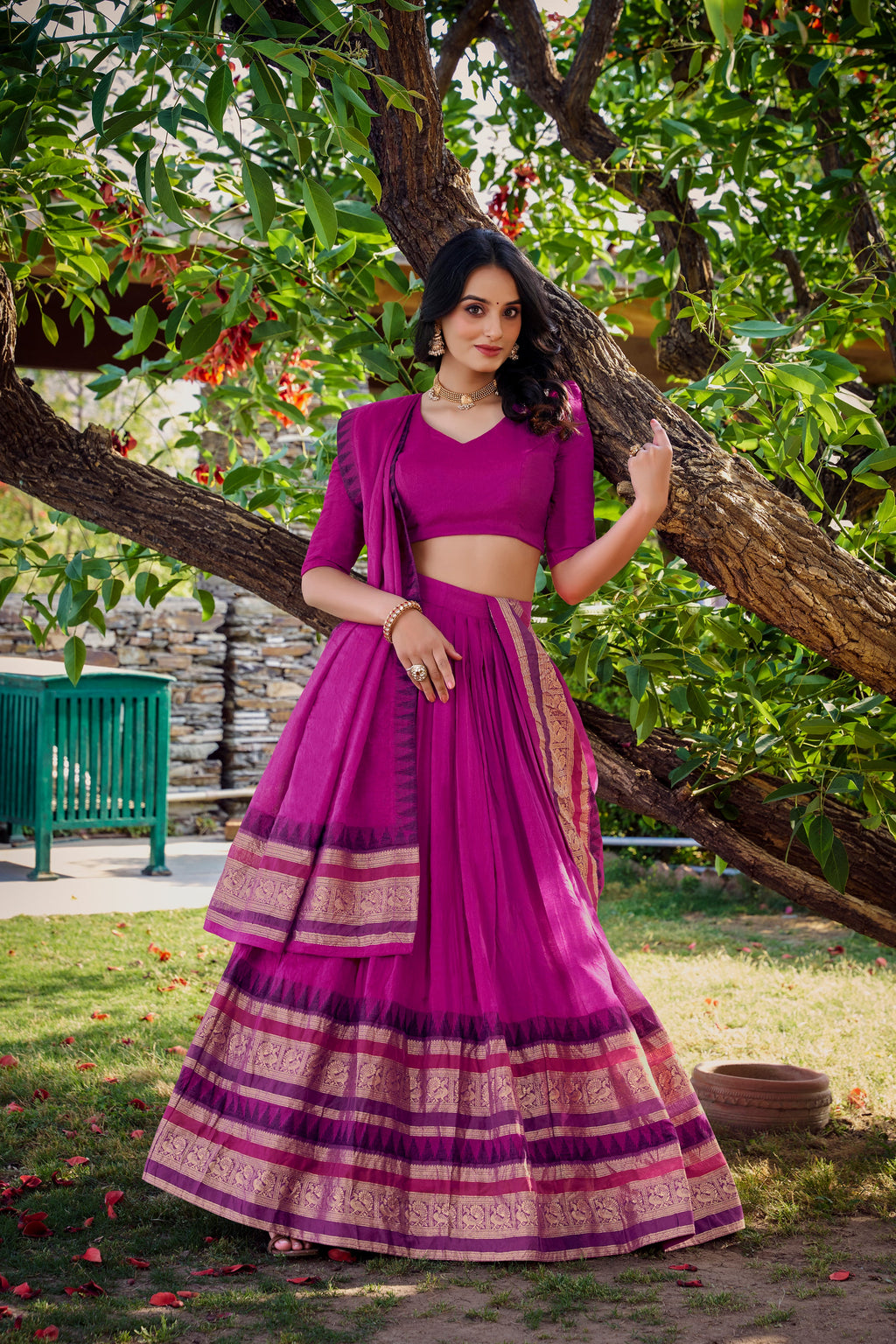 Lorenvalley Magenta Pure Chanderi Plain With Zari Weaving Work Border Lehenga Choli with Dupatta | Grocsy
