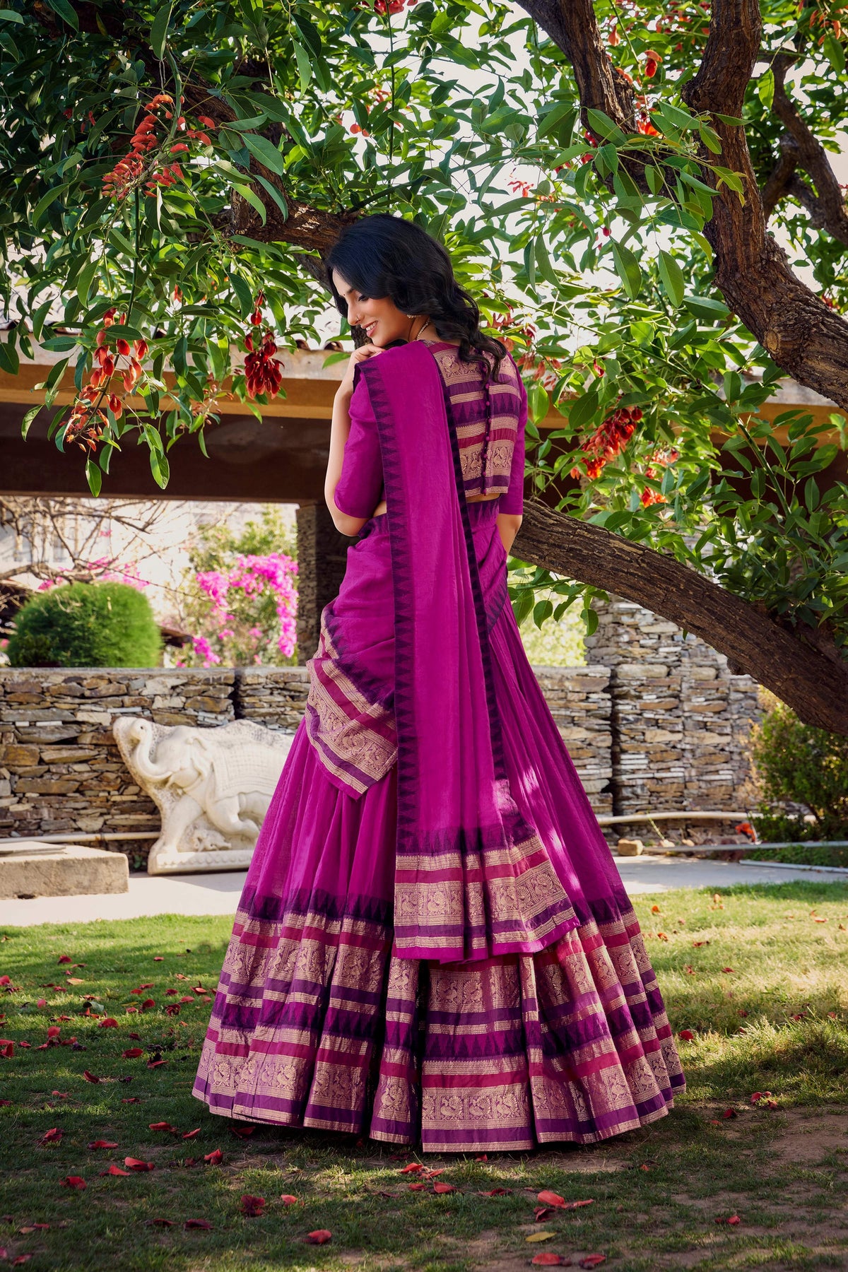 Lorenvalley Magenta Pure Chanderi Plain With Zari Weaving Work Border Lehenga Choli with Dupatta | Grocsy