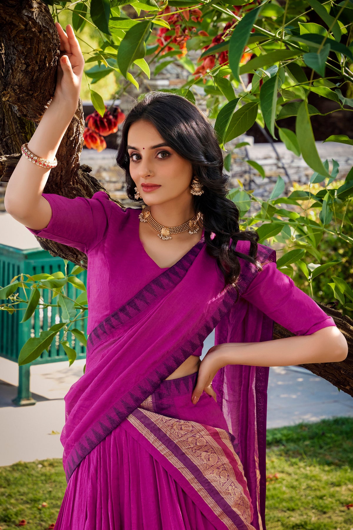 Lorenvalley Magenta Pure Chanderi Plain With Zari Weaving Work Border Lehenga Choli with Dupatta | Grocsy