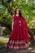 Lorenvalley Maroon Pure Chanderi Plain With Zari Weaving Work Border Lehenga Choli with Dupatta | Grocsy