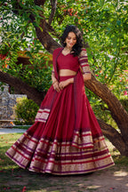 Lorenvalley Maroon Pure Chanderi Plain With Zari Weaving Work Border Lehenga Choli with Dupatta | Grocsy