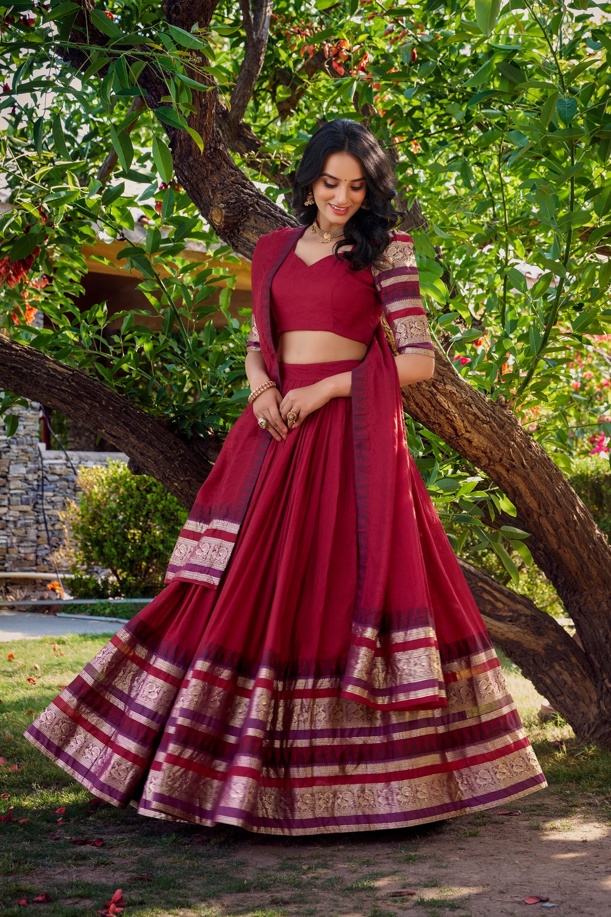 Lorenvalley Maroon Pure Chanderi Plain With Zari Weaving Work Border Lehenga Choli with Dupatta | Grocsy
