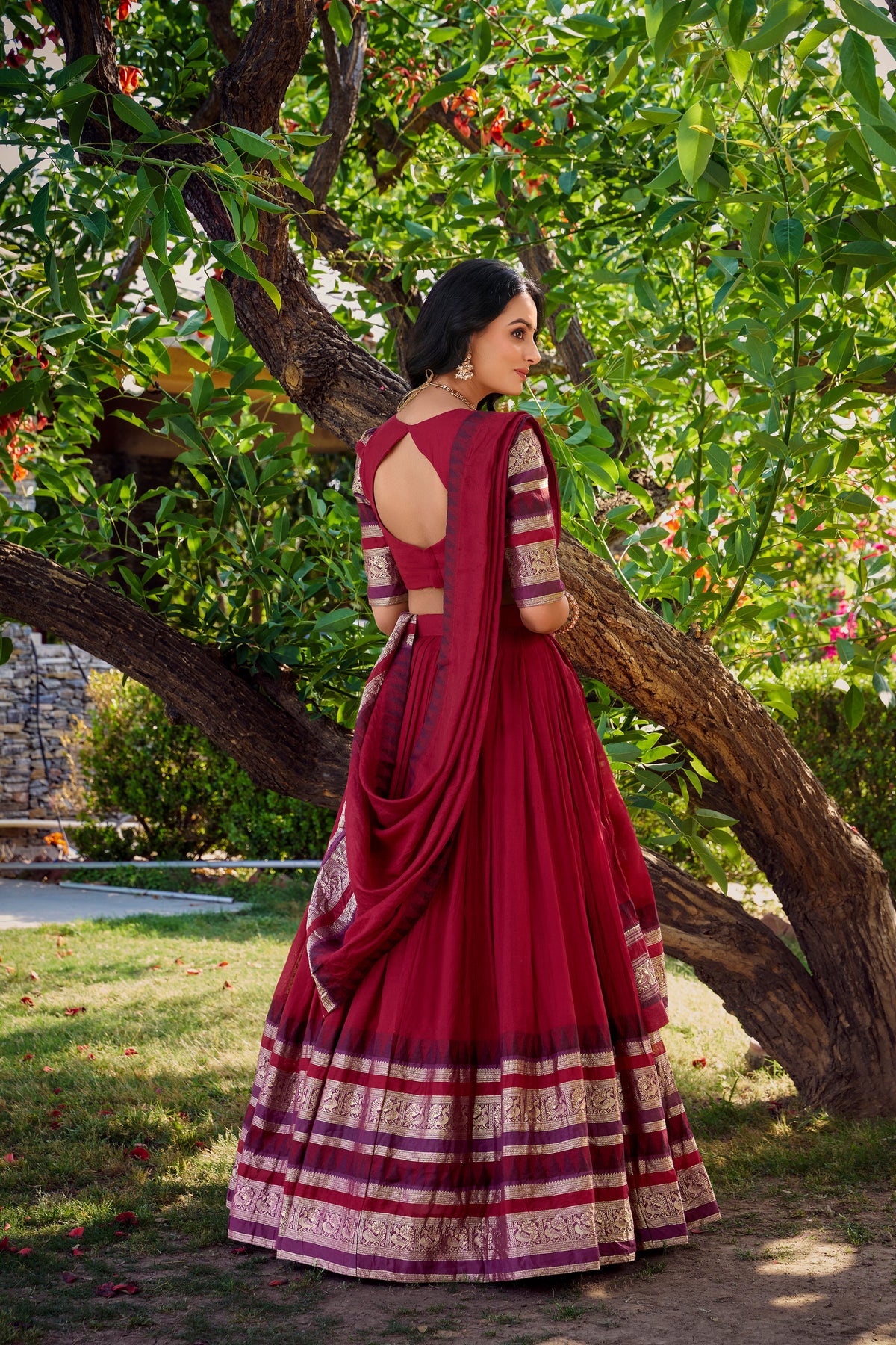 Lorenvalley Maroon Pure Chanderi Plain With Zari Weaving Work Border Lehenga Choli with Dupatta | Grocsy