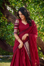 Lorenvalley Maroon Pure Chanderi Plain With Zari Weaving Work Border Lehenga Choli with Dupatta | Grocsy