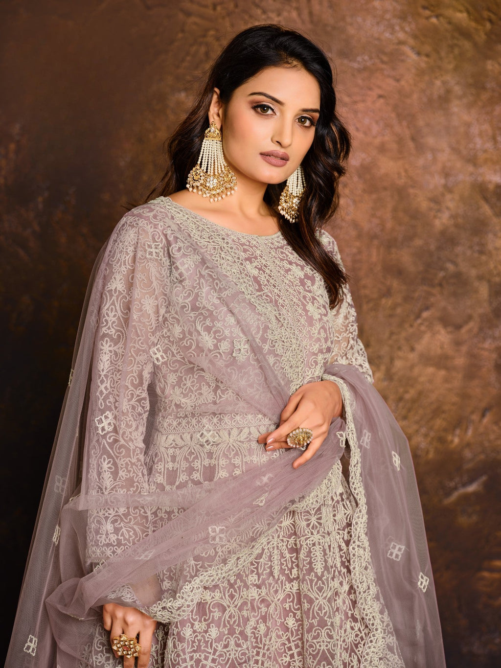 Anaita Purple Embroidered Net Anarkali Suit | Grocsy