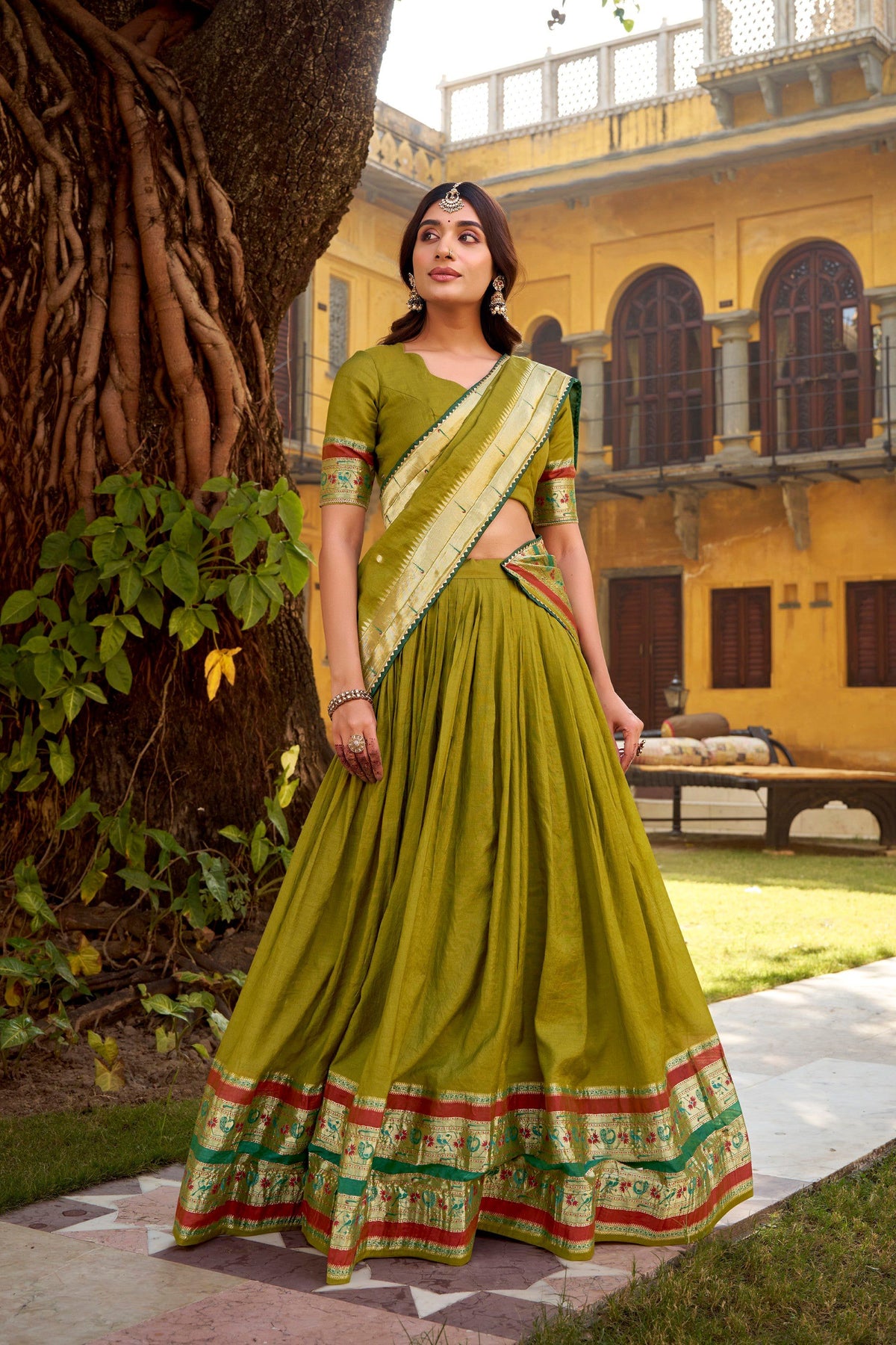 Lorenvalley Fashion Mehendi Pure Chanderi (Naylon) Zari Weaving Work Lehenga Choli with Dupatta | Grocsy