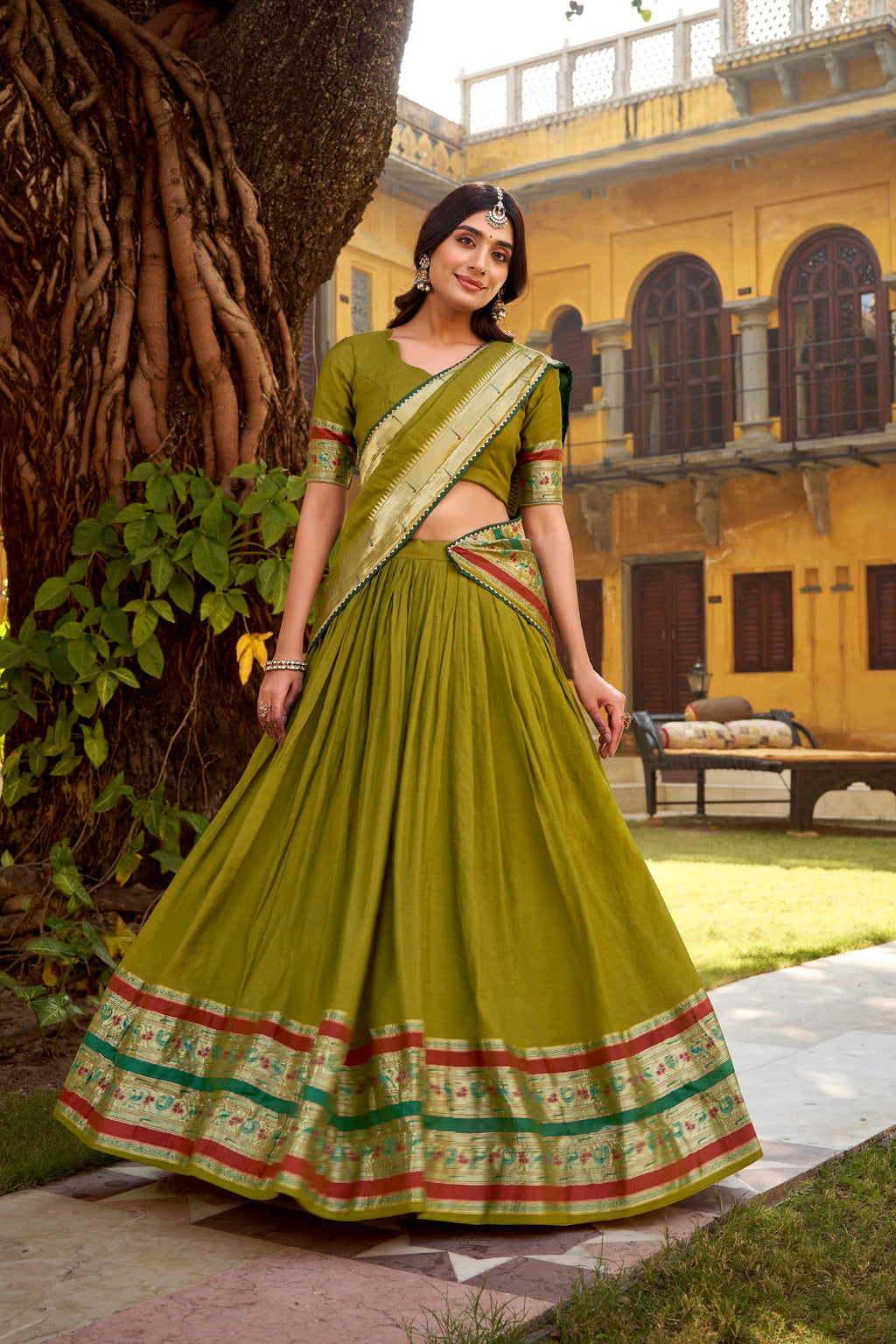 Lorenvalley Fashion Mehendi Pure Chanderi (Naylon) Zari Weaving Work Lehenga Choli with Dupatta | Grocsy