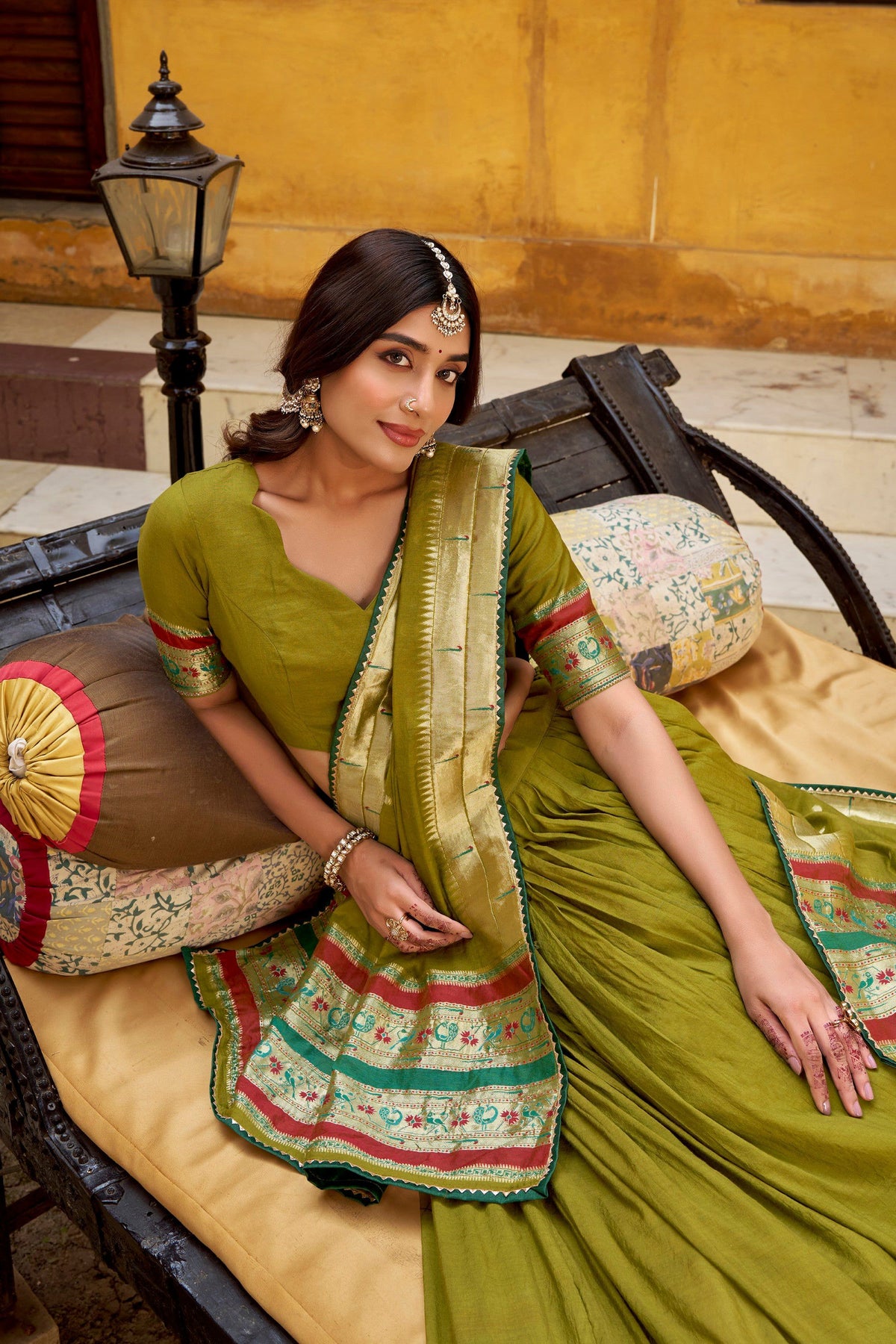 Lorenvalley Fashion Mehendi Pure Chanderi (Naylon) Zari Weaving Work Lehenga Choli with Dupatta | Grocsy