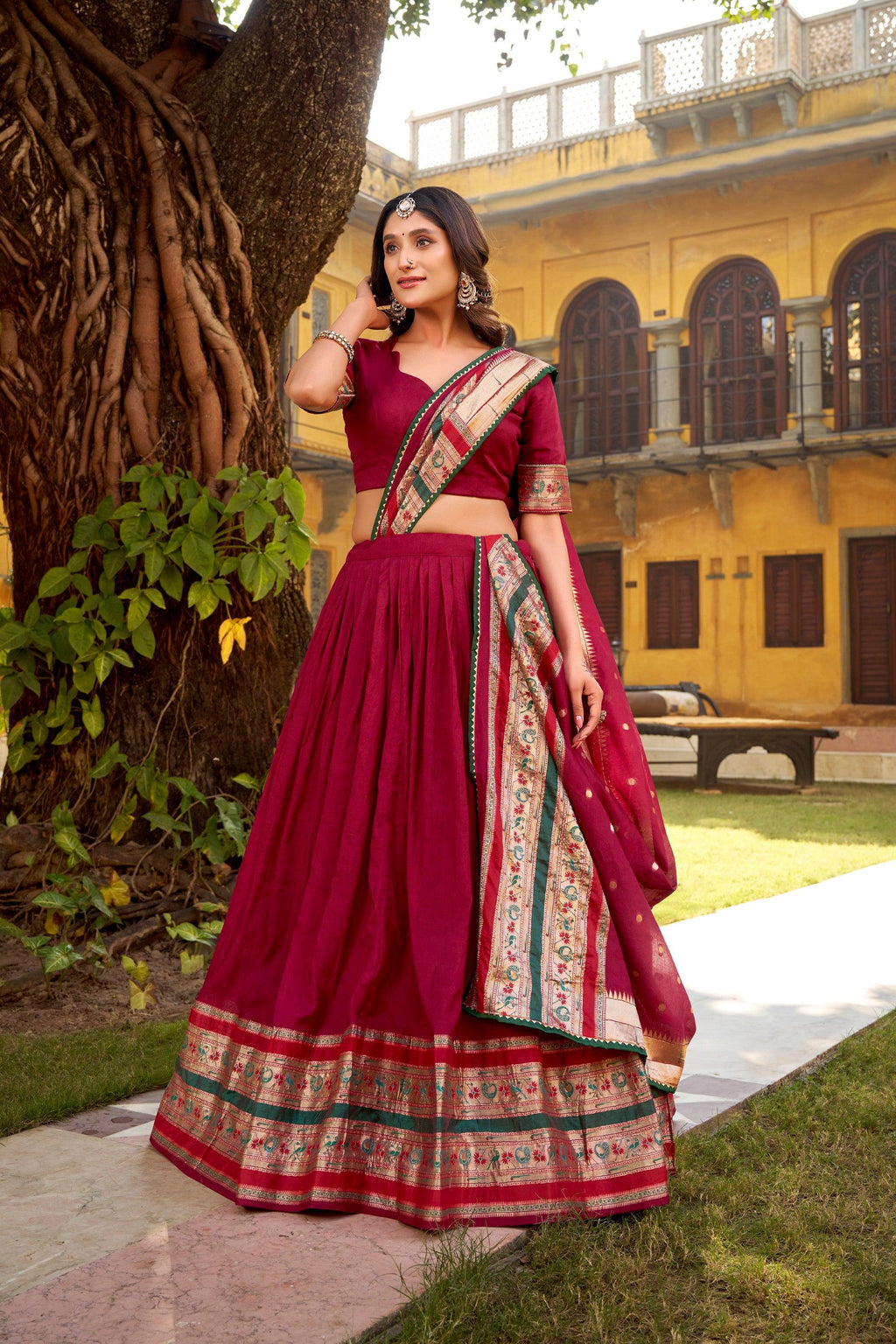 Lorenvalley Fashion Maroon Pure Chanderi (Naylon) Zari Weaving Work Lehenga Choli with Dupatta | Grocsy