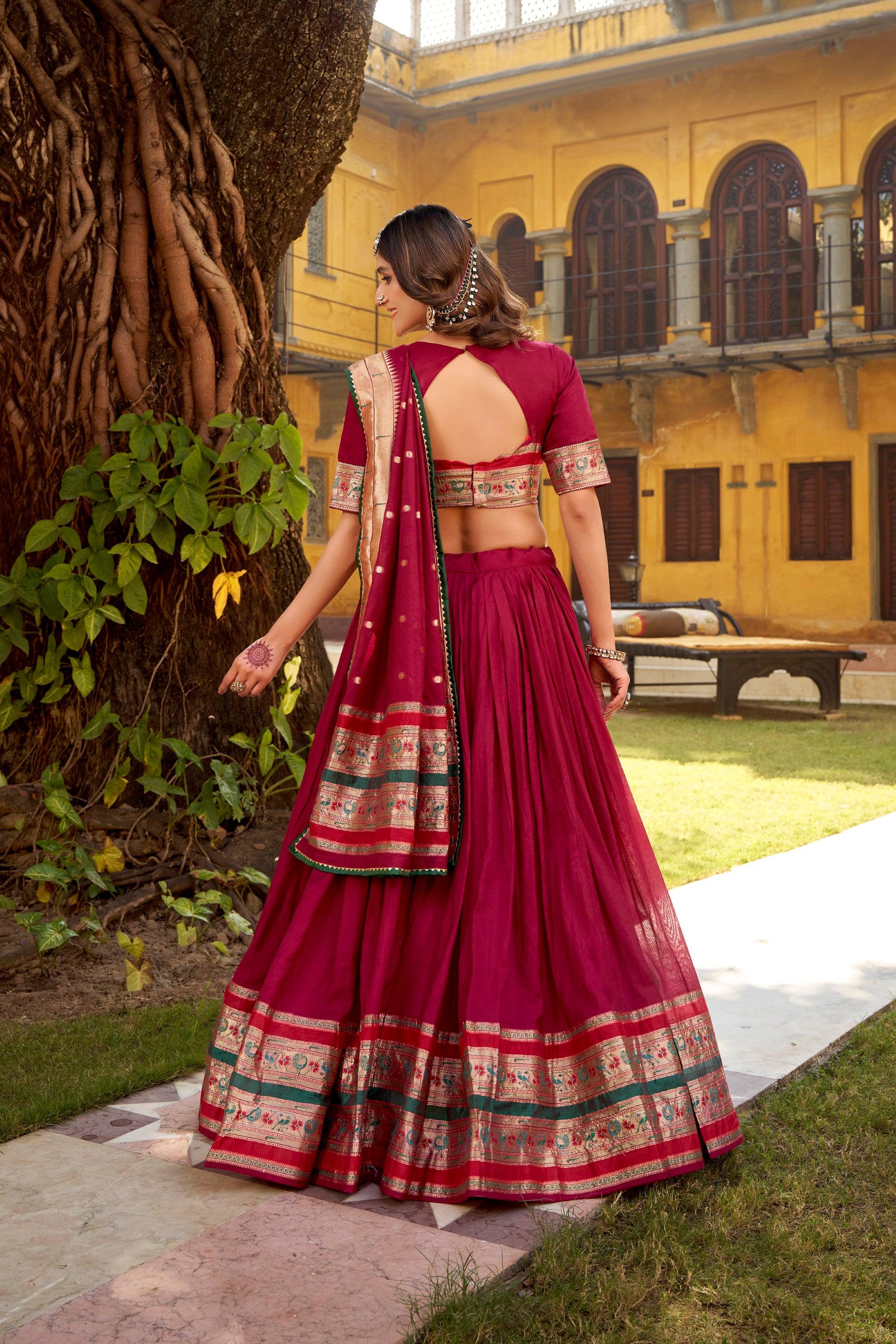 Lorenvalley Fashion Maroon Pure Chanderi (Naylon) Zari Weaving Work Lehenga Choli with Dupatta | Grocsy