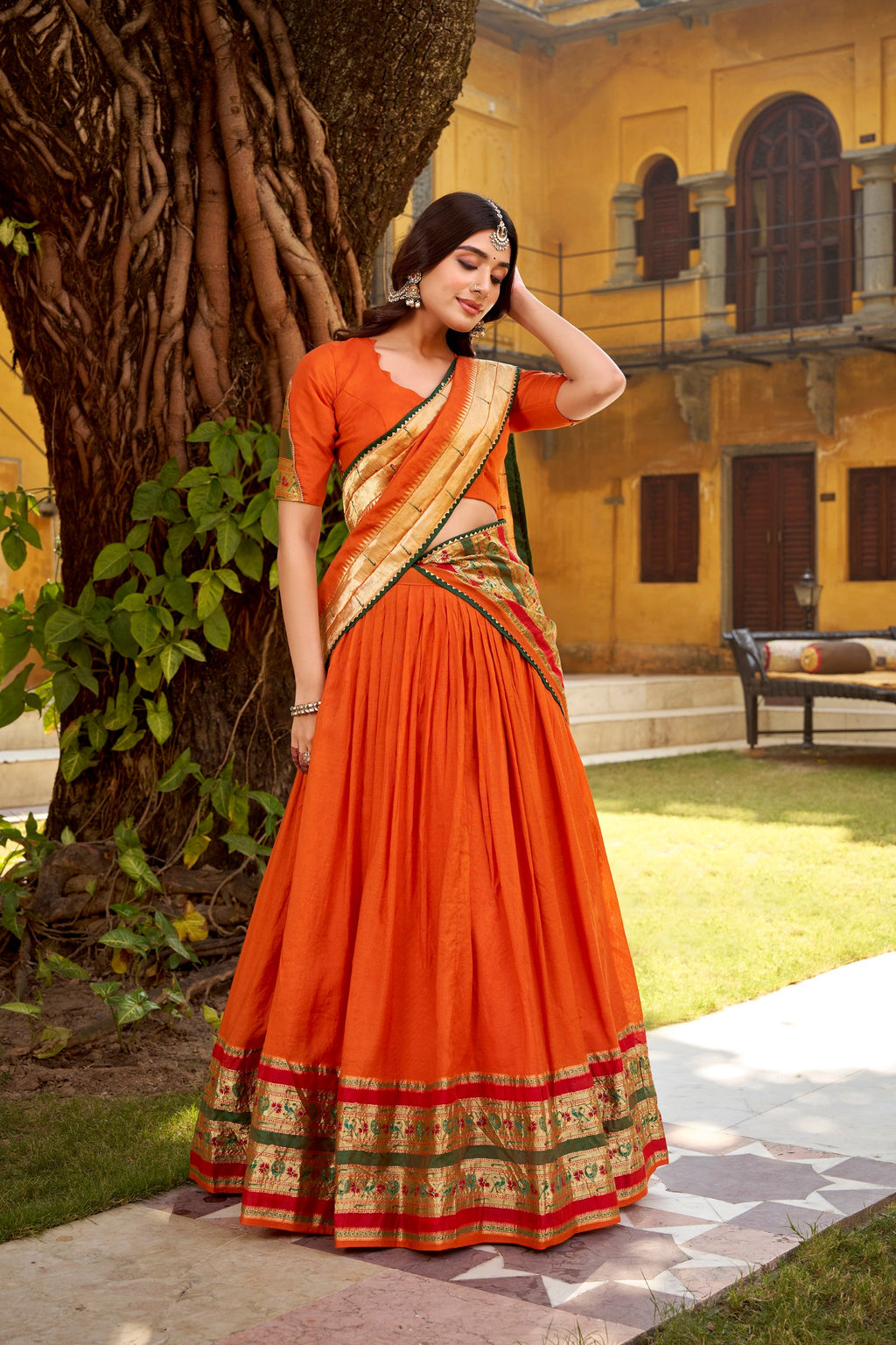 Lorenvalley Fashion Orange Pure Chanderi (Naylon) Zari Weaving Work Lehenga Choli with Dupatta | Grocsy