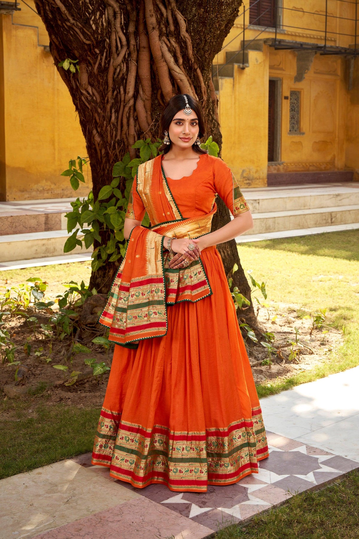 Lorenvalley Fashion Orange Pure Chanderi (Naylon) Zari Weaving Work Lehenga Choli with Dupatta | Grocsy