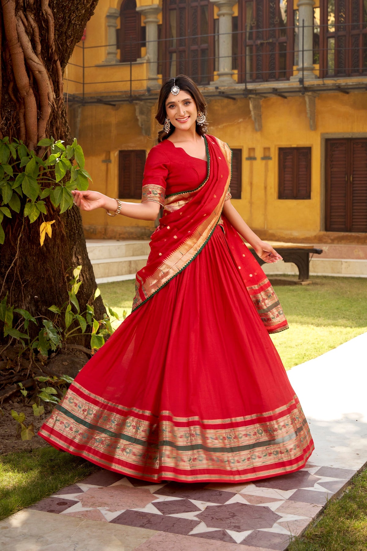 Lorenvalley Fashion Red Pure Chanderi (Naylon) Zari Weaving Work Lehenga Choli with Dupatta | Grocsy