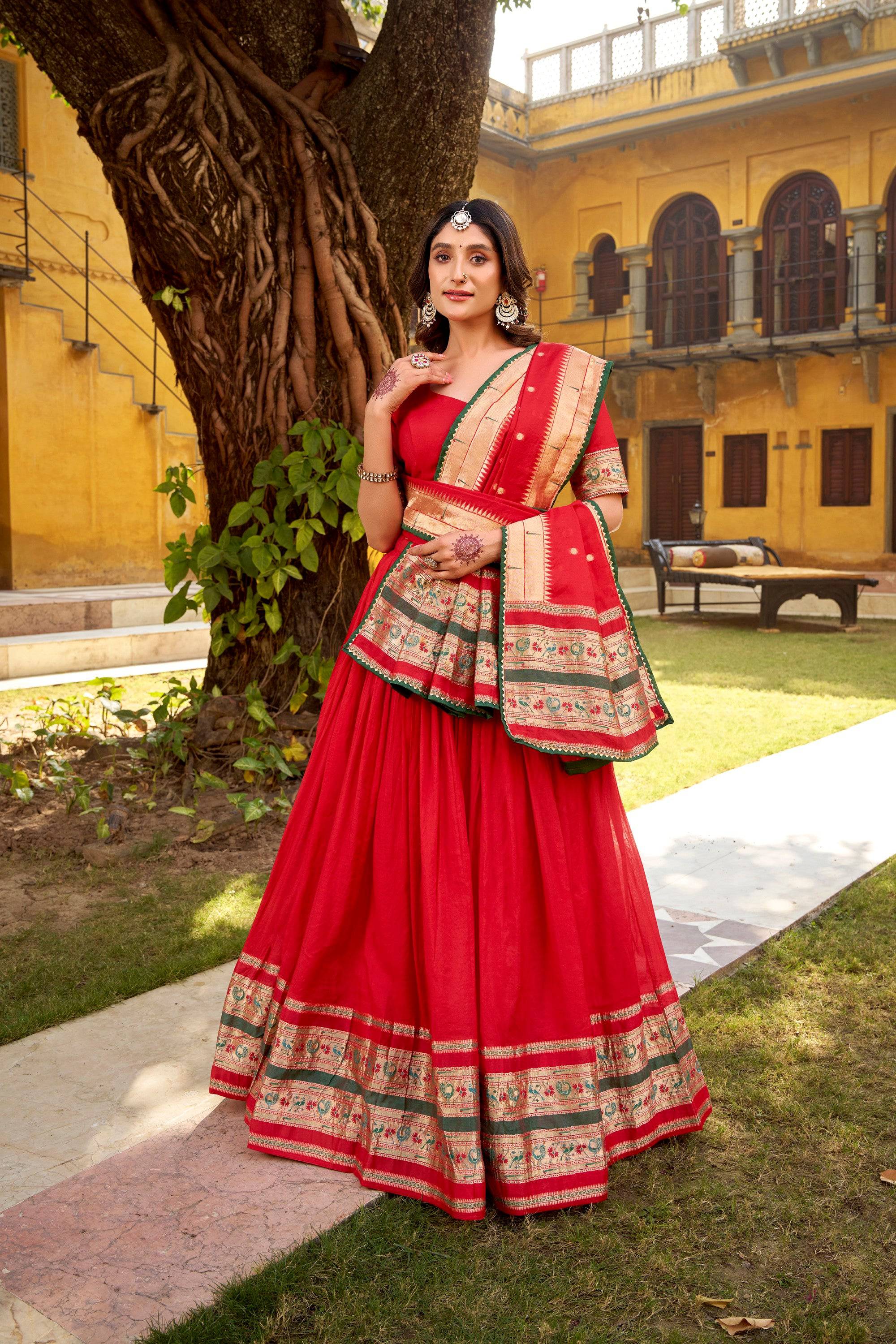 Lorenvalley Fashion Red Pure Chanderi (Naylon) Zari Weaving Work Lehenga Choli with Dupatta | Grocsy