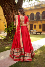 Lorenvalley Fashion Red Pure Chanderi (Naylon) Zari Weaving Work Lehenga Choli with Dupatta | Grocsy