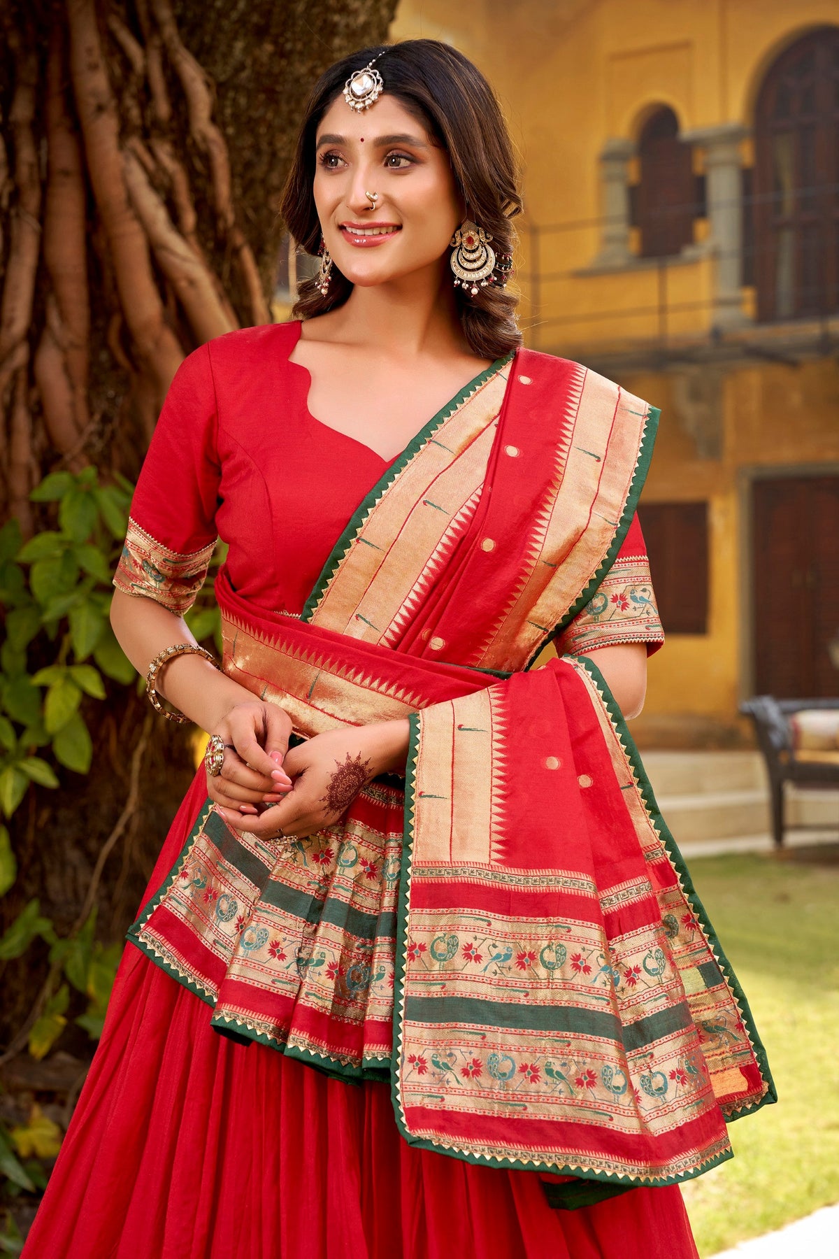 Lorenvalley Fashion Red Pure Chanderi (Naylon) Zari Weaving Work Lehenga Choli with Dupatta | Grocsy