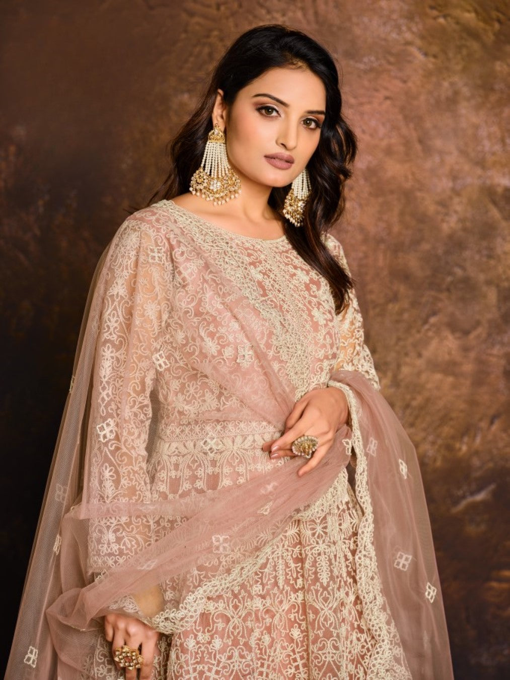 Anaita Peach Embroidered Net Anarkali Suit | Grocsy