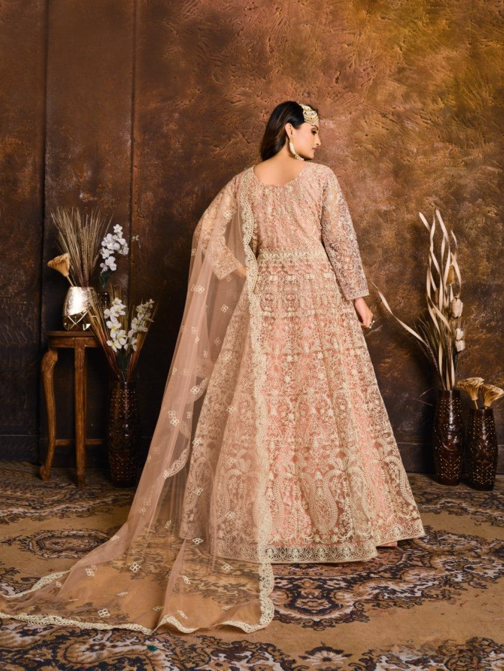 Anaita Peach Embroidered Net Anarkali Suit | Grocsy