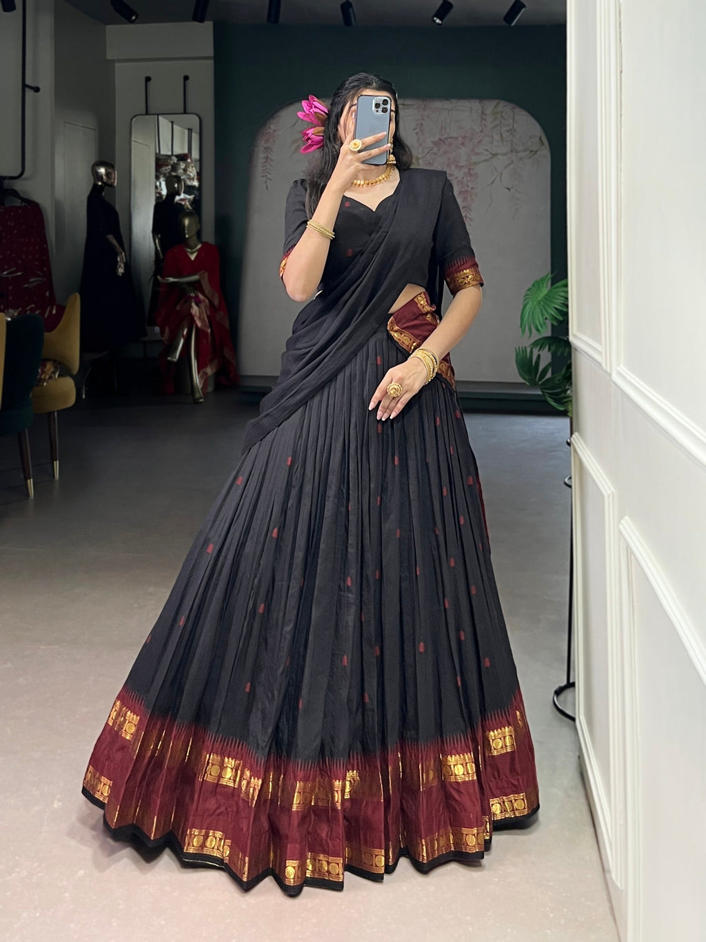 Lorenvalley Fashion Black Pure Chanderi Zari Weaving Work Lehenga Choli with Dupatta | Grocsy