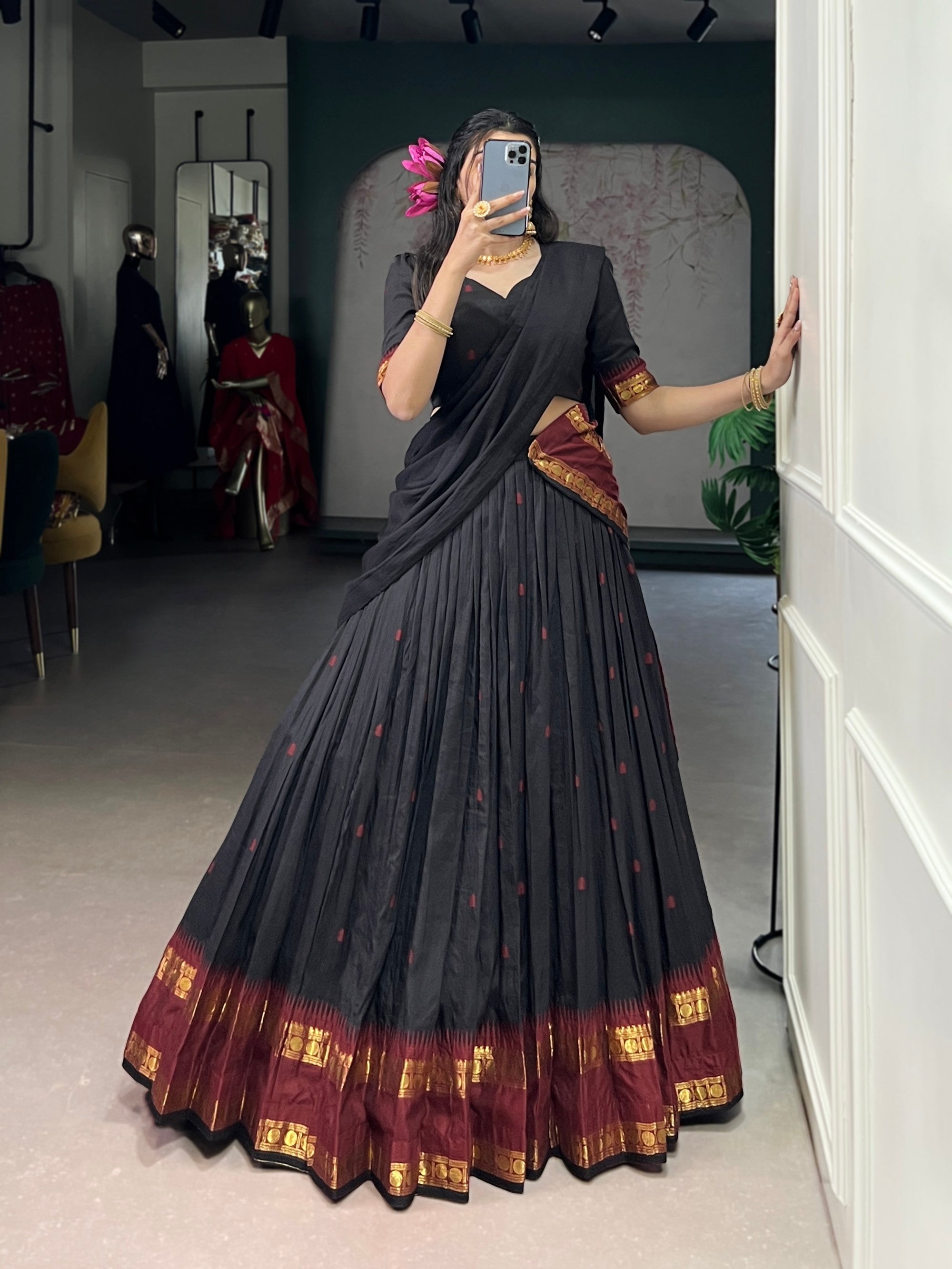 Lorenvalley Fashion Black Pure Chanderi Zari Weaving Work Lehenga Choli with Dupatta | Grocsy